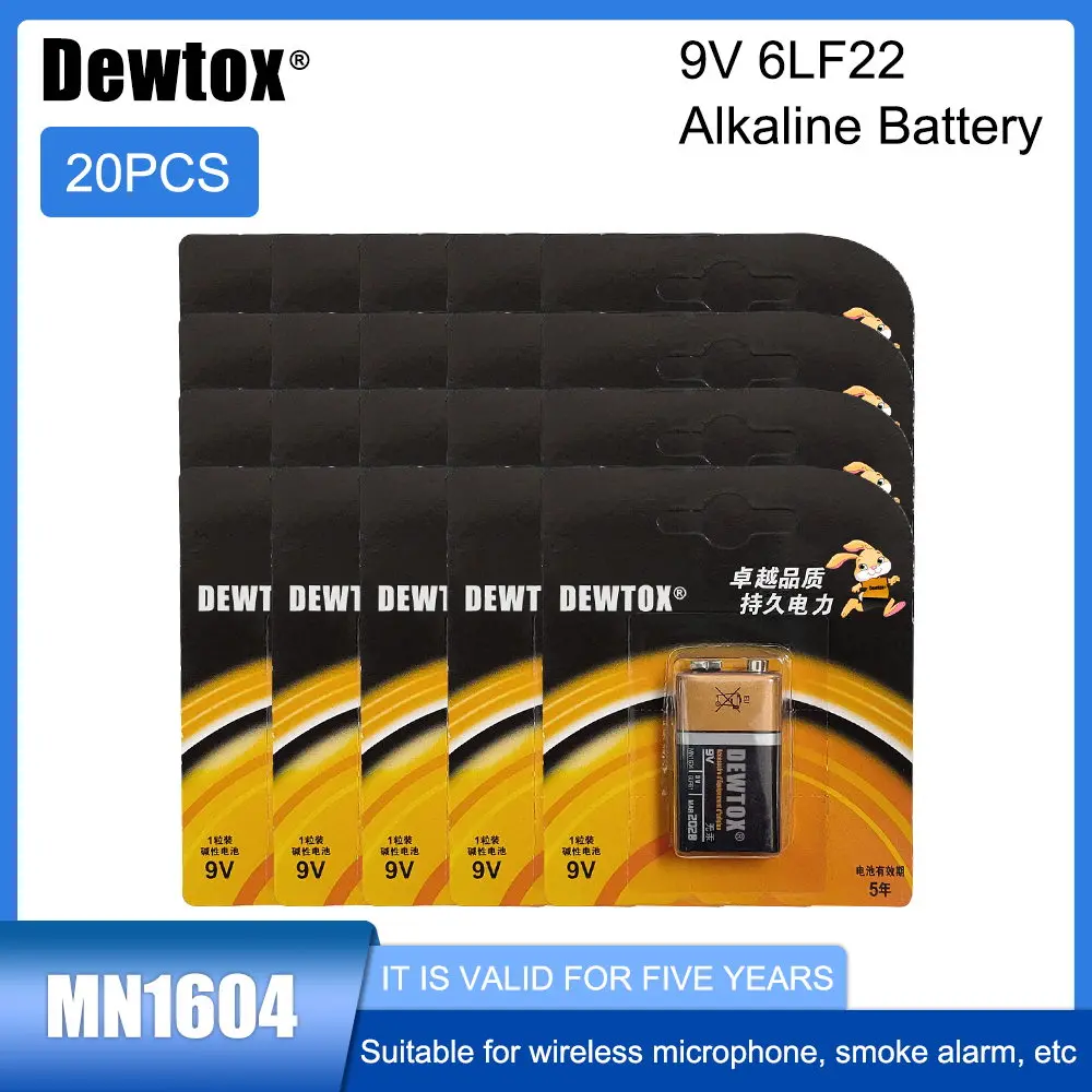 

20 шт., щелочная батарея DEWTOX 9 В 6F22 PPP3 6LR61 MN1604 для беспроводных дверных звонков, беспроводных наушников, мультиметров, игрушечных батарей