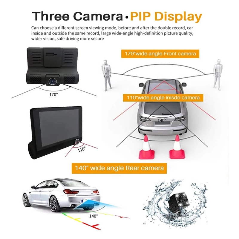 1080P 4Inch Car Dash Cam Front/Cabin/Rear DVR Video Driving Recorder Security Camera Monitor for Taxi Uber |