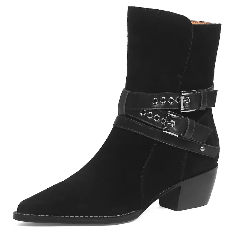 

Женские ботильоны Dilalula с острым носком на толстом каблуке, модная обувь из коровьей замши с пряжкой, Женская осенне-зимняя офисная обувь для...