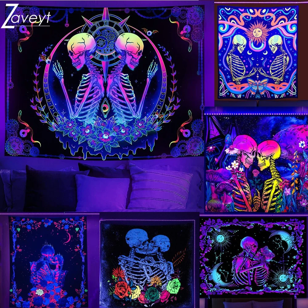 

UV Light Couple Skull Flower Fluorescent Tapestry Purple Light Reactive Psychedelic Tarot Divination Eye Sun Moon Tapestries