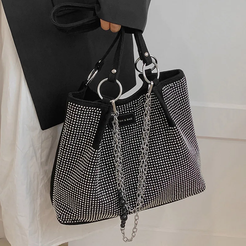 

2022 Fashion Women Bling Diamonds Handbag Large Capacity PU Leather Big Totes Designer Female Chain Shoulder Bags Shopping Bags