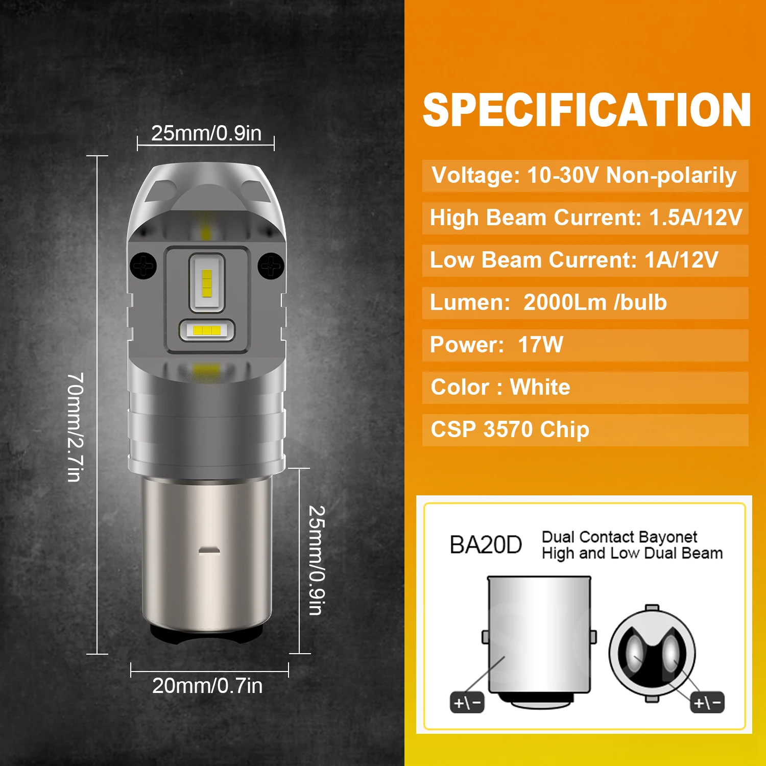 BA20D светодиодный мотоциклетная лампа с ближним/дальним светом для мотоцикла ATV UTV