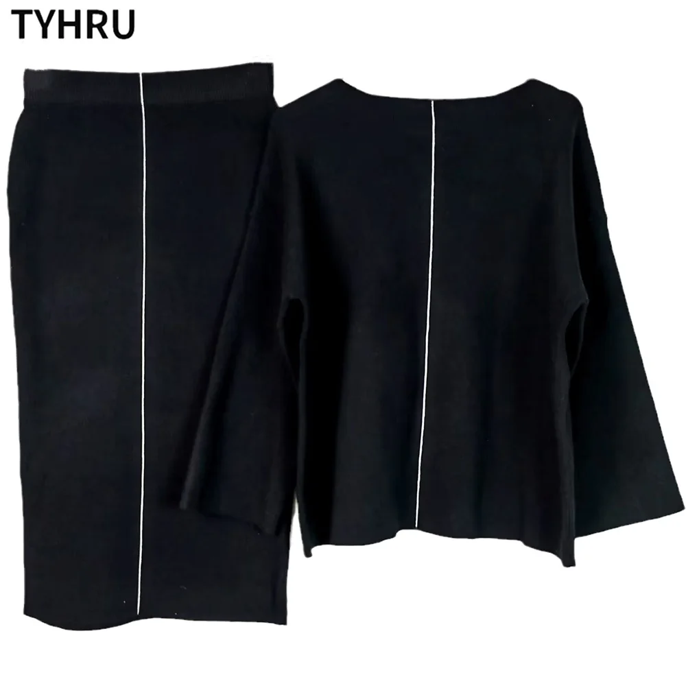 TYHRU Women's Knitted Skirts Sets Office Lady Loose Pullover Sweaters With black thread+Skinny Skirt 2 Pieces Suits images - 6