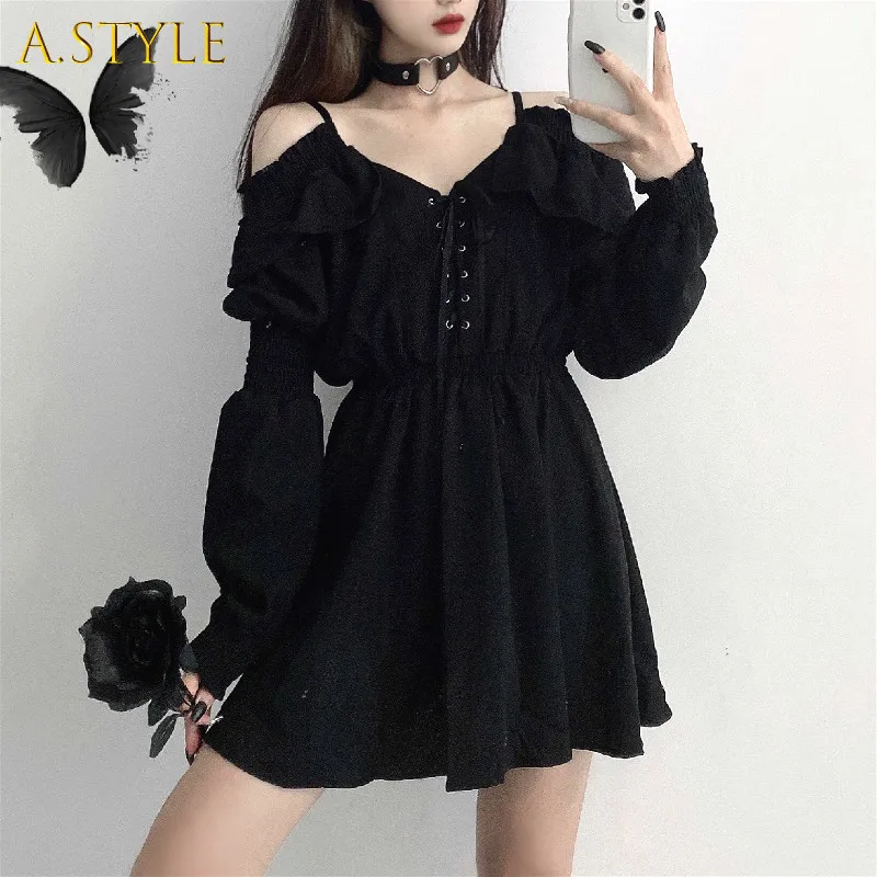 

Gothic Black Dress Women Casual Button Lace Evening Party Sexy Mini Dress Female Long Sleeve One-piece Dress Korean 2020 Autumn