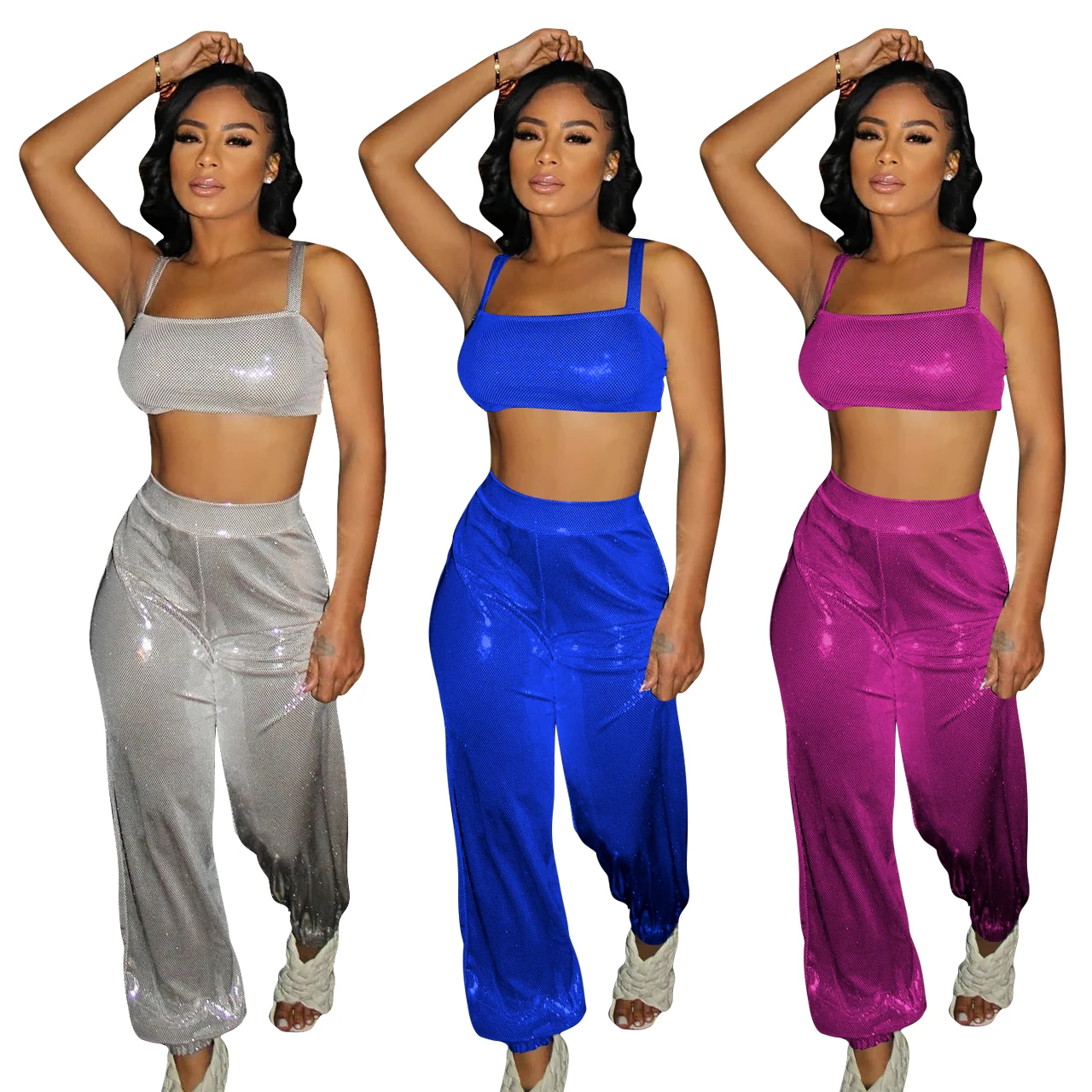 New Arrivals Summer Women Two Pieces Set Stamping Fabric Sparkle Pants Outfits Nightclub Streetwear Crop Top Lady Clothes