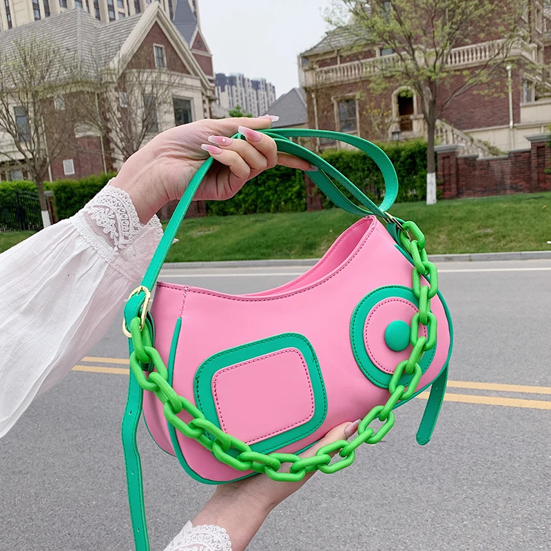 

Contrast Color Crossbody Bag For Women Fashion Acrylic Chain Shoulder Bag Ladies Baguette Armpit Handbag Pu Leather Shoulder Bag