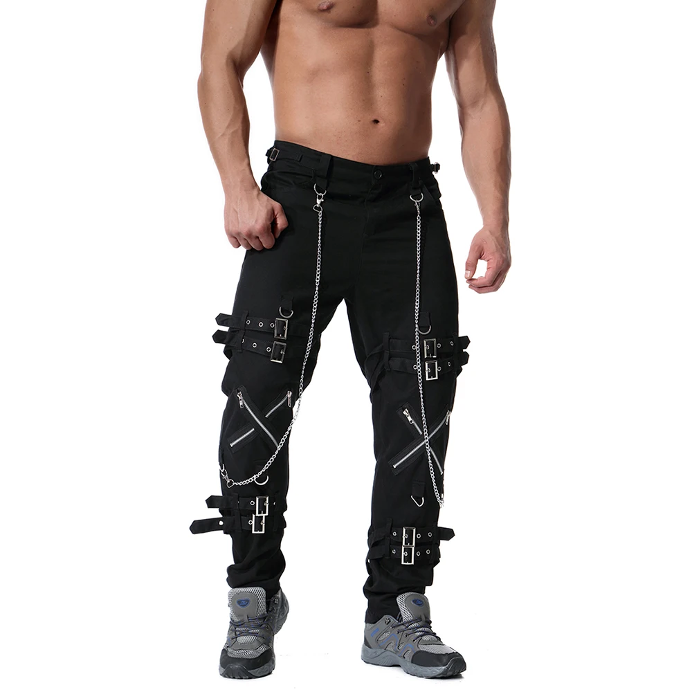 

Men Street Rock Hip Hop Ribbon Cargo Men Fashion Joggers Punk Rock Zippers Streetwear Vintage Trousers Casual Pants