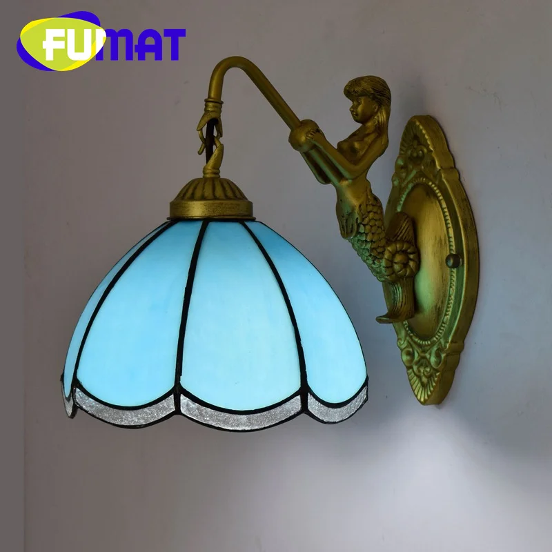 

FUMAT витражное стекло Тиффани 8 дюймов средиземноморский синий Русалка Настенный светильник для столовой спальни коридора балкона