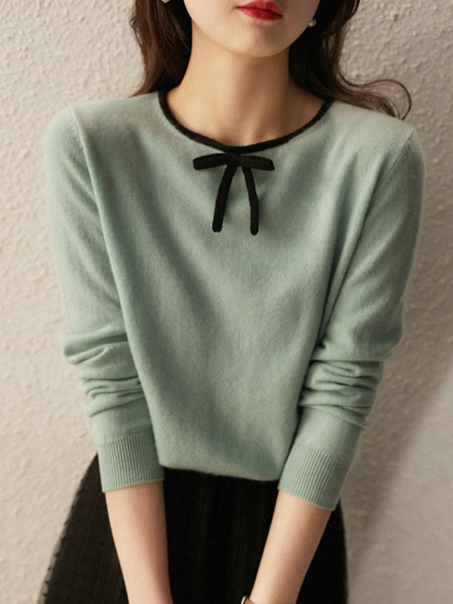 

Женский вязаный свитер из чистой шерсти, повседневный минималистский Однотонный пуловер с длинным рукавом и круглым вырезом, Лоскутные Топ...