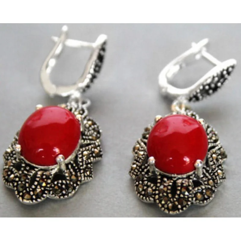 

Hot Sell amazing 11/2" Vintage 925 Silver & Marcasite Red Coral Earrings