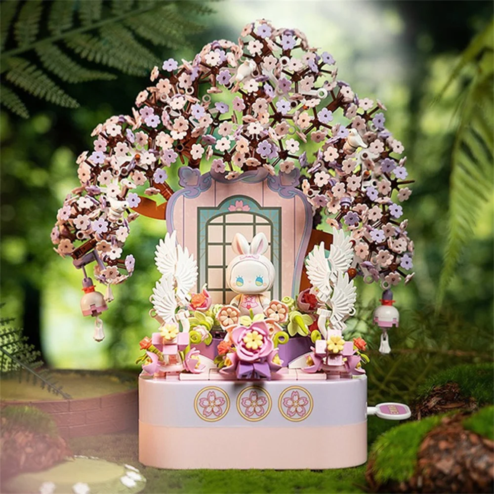 

2023 г., креативный город, уличный вид, Сакура, музыкальная шкатулка, модель, строительные блоки, кирпичи, игрушки для детей, подарок