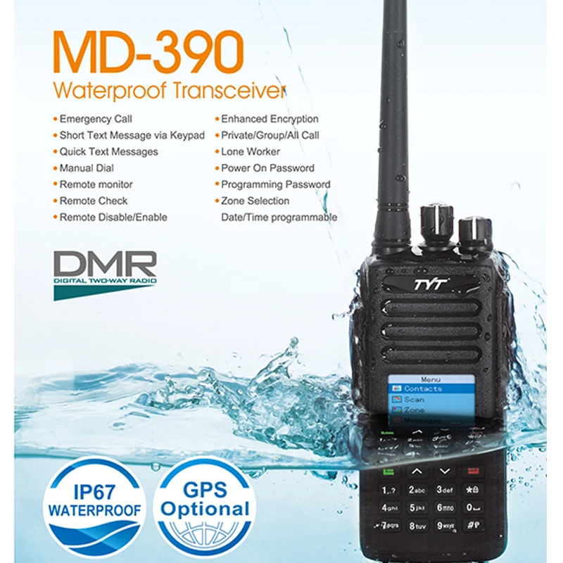 TYT MD-UV390 DMR Radio Station 5W Walkie Talkie MD-390 IP67 Waterproof 136-174MHz & 400-480MHz Dual Time Dlot Digital Radio