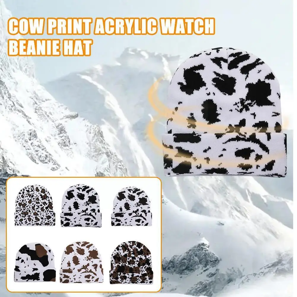 

Cow Print Winter Polyester Beanie Hat Winter Warm Knitted Leopard Ladies Version Beanies Animal Hat Print Korean 6 Model R3X8