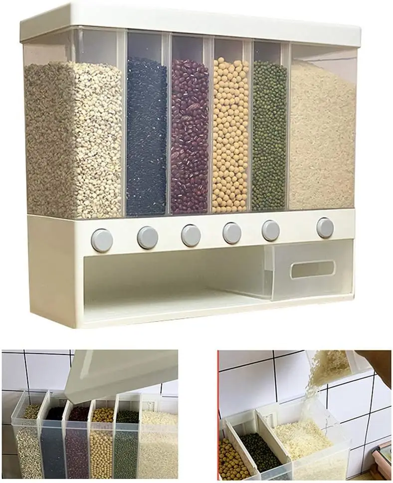 

Mounted Food Dispenser,Whole Grains Rice Bucket,Large Capacity 6-Grid Storage Dry Food Dispenser, Dry Food Fruit Storage Box For