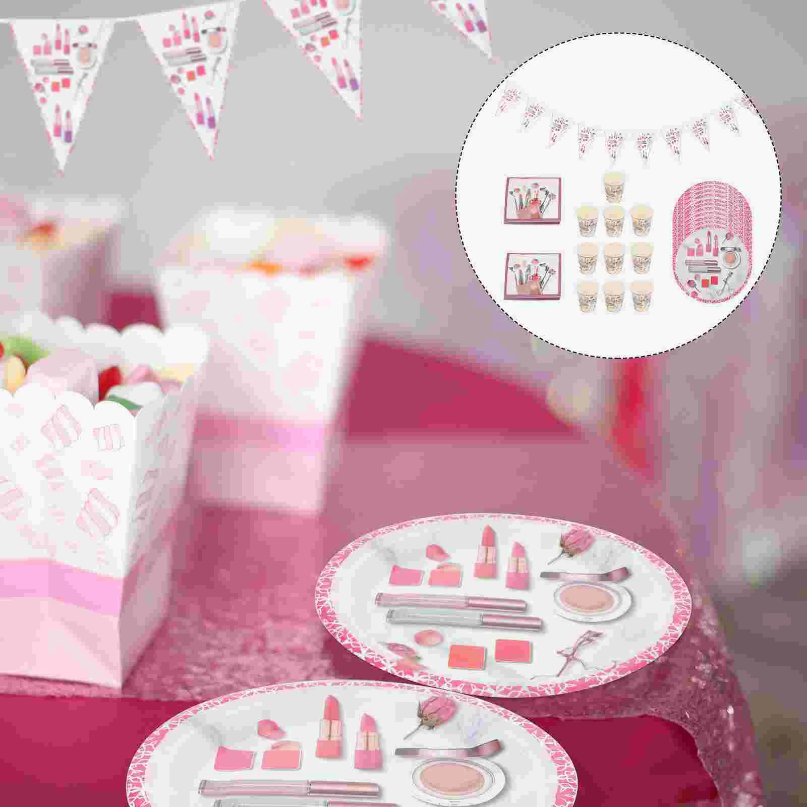 

Party Makeup Birthday Paper Spa Disposable Banner Decoration Tableware Hanging Table Ser Up Make Set Cap Plate Supply