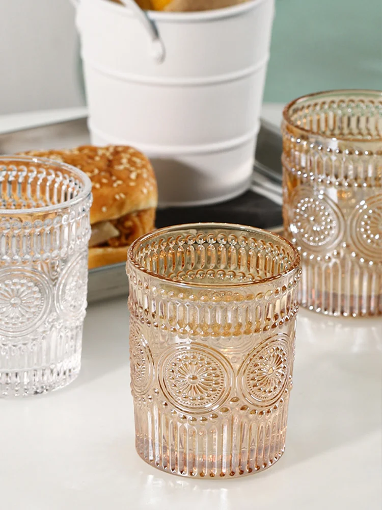 

wind ins sun flower water cup retro embossed glass cup female coffee cup net red cold drink cup Phnom Penh household cup