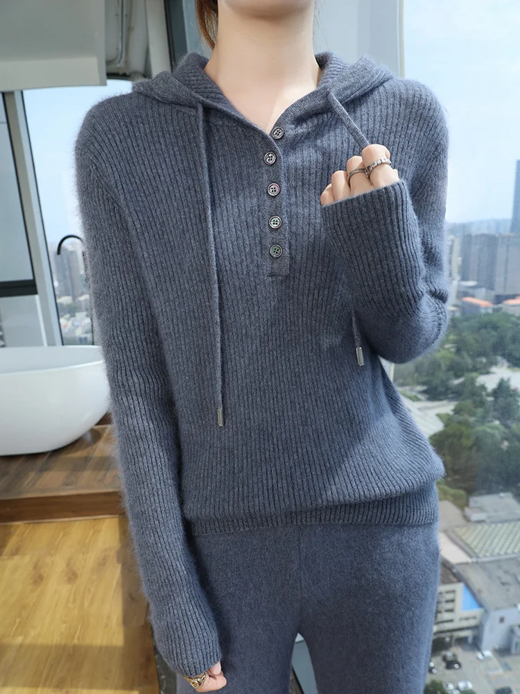 100% чистый норковый кашемировый свитер с капюшоном женский вязаный пуловер