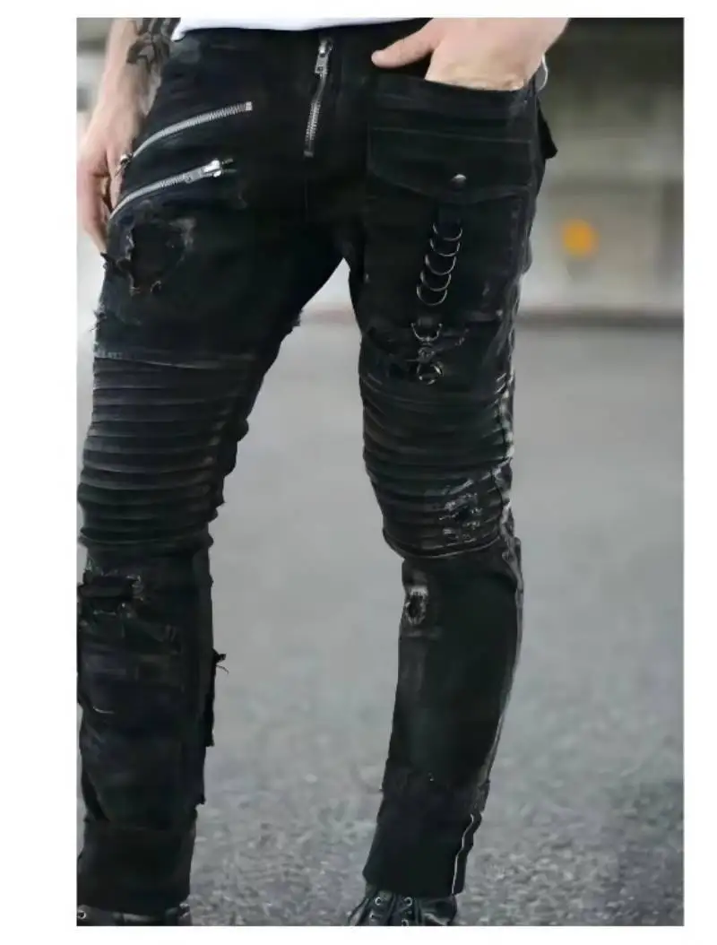 Streetwear Jeans  Punk Style Man Pants Zipper Decoration Straight Trousers Wear Side Boyfriend Black Slim Fit Men Skinny Jeans