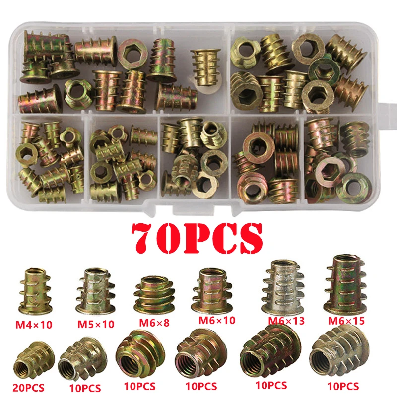 

70PCS M4 M5 M6 Zinc Alloy Thread For Wood Insert Nut Flanged Hex Drive Head Furniture Nuts Assorted Kit