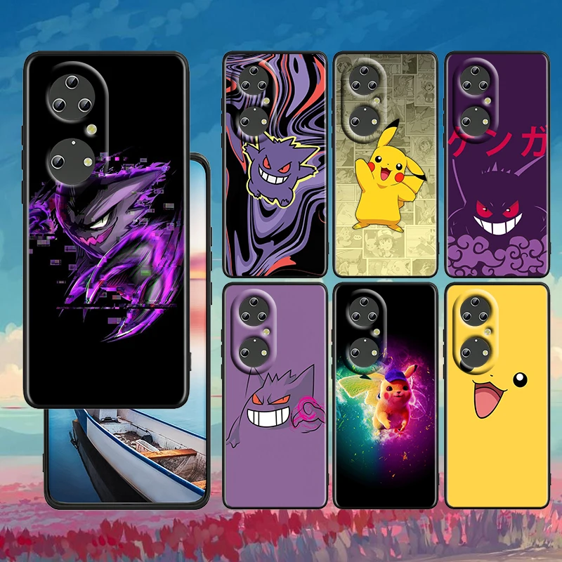 

Pikachu Pokemon Ghost Listening For Huawei P50 P40 P30 P20 Lite 5G Pro Nova 5T Y9S Y9 Prime Y6 2019 Black Silicone Phone Case