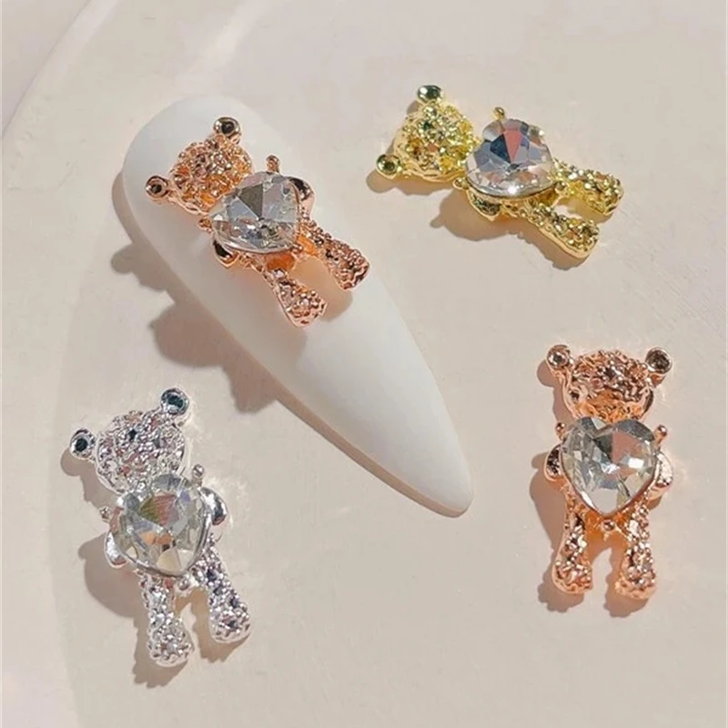 

10 Pcs Bear Nail Rhinestones Shiny Alloy Bear 3D With Heart Crystal Nail Charms DIY Nails Art Decorations Accessories Supplies
