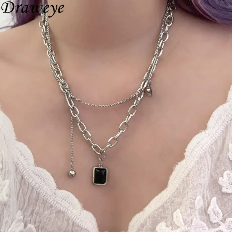 Ожерелья Draweye Y2k из нержавеющей стали с черным квадратом для женщин в стиле панк