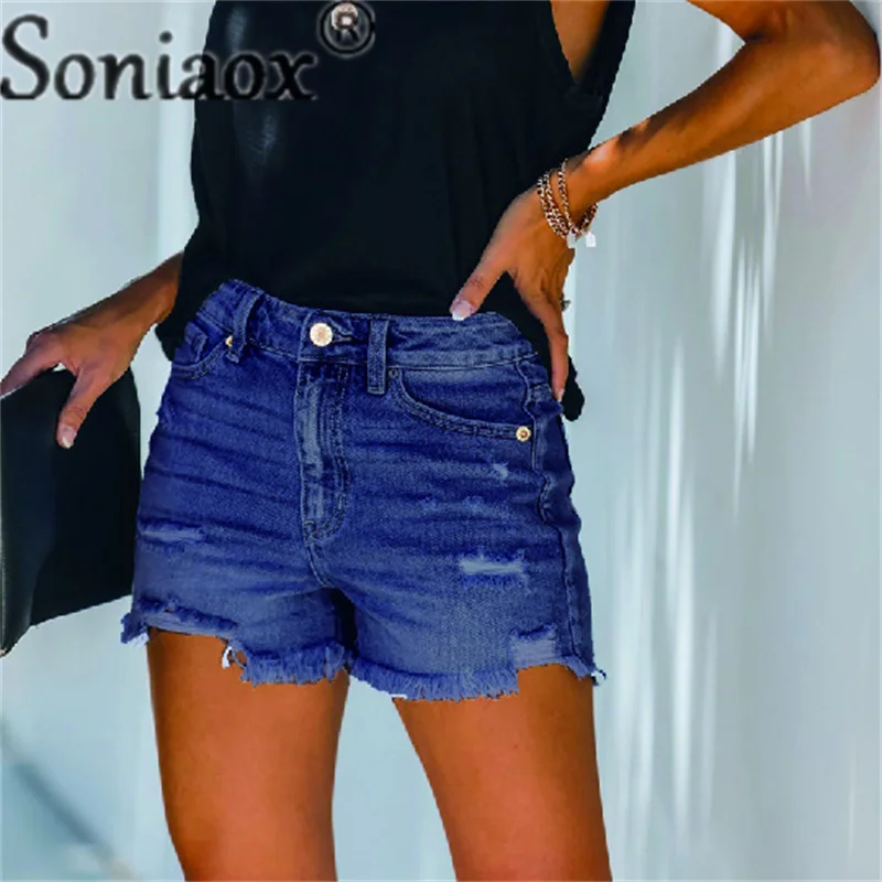 Fashion Trend Broken Holes Denim Shorts Ladies Summer Street Casual High Waist Button Three Quarter Pants Women's Straight Jeans