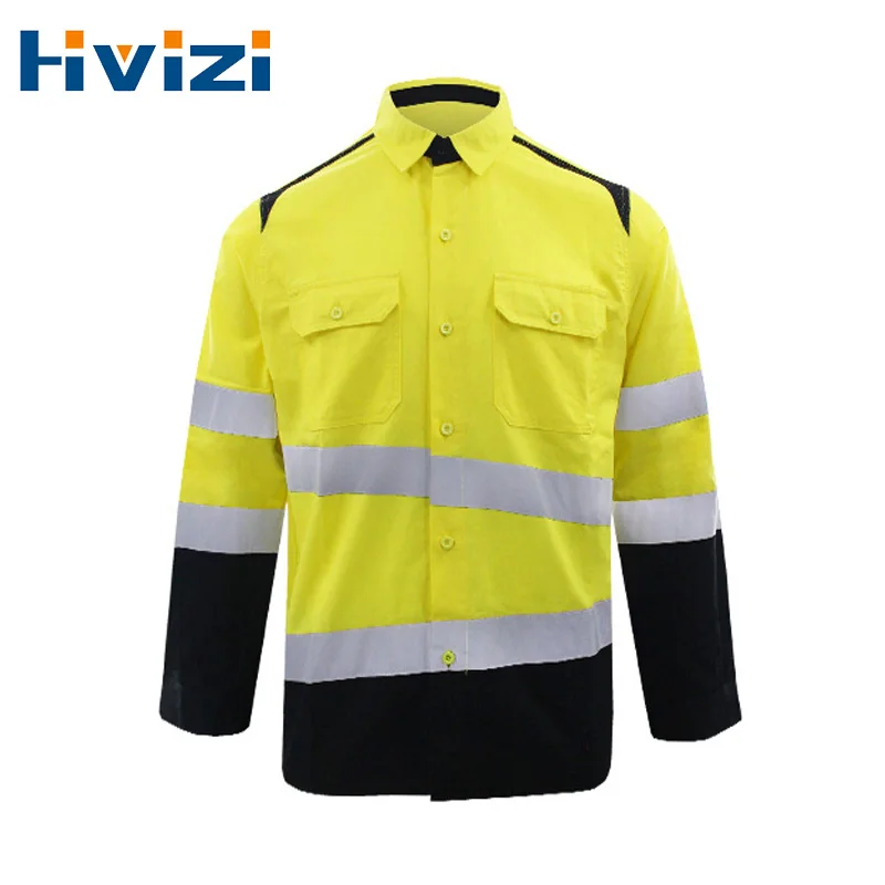 

100% Cotton Safety Shirt High Visibility Two Tone Long Sleeve Reflective Shirts Work Shirt for Men Construction Workwear Clothes