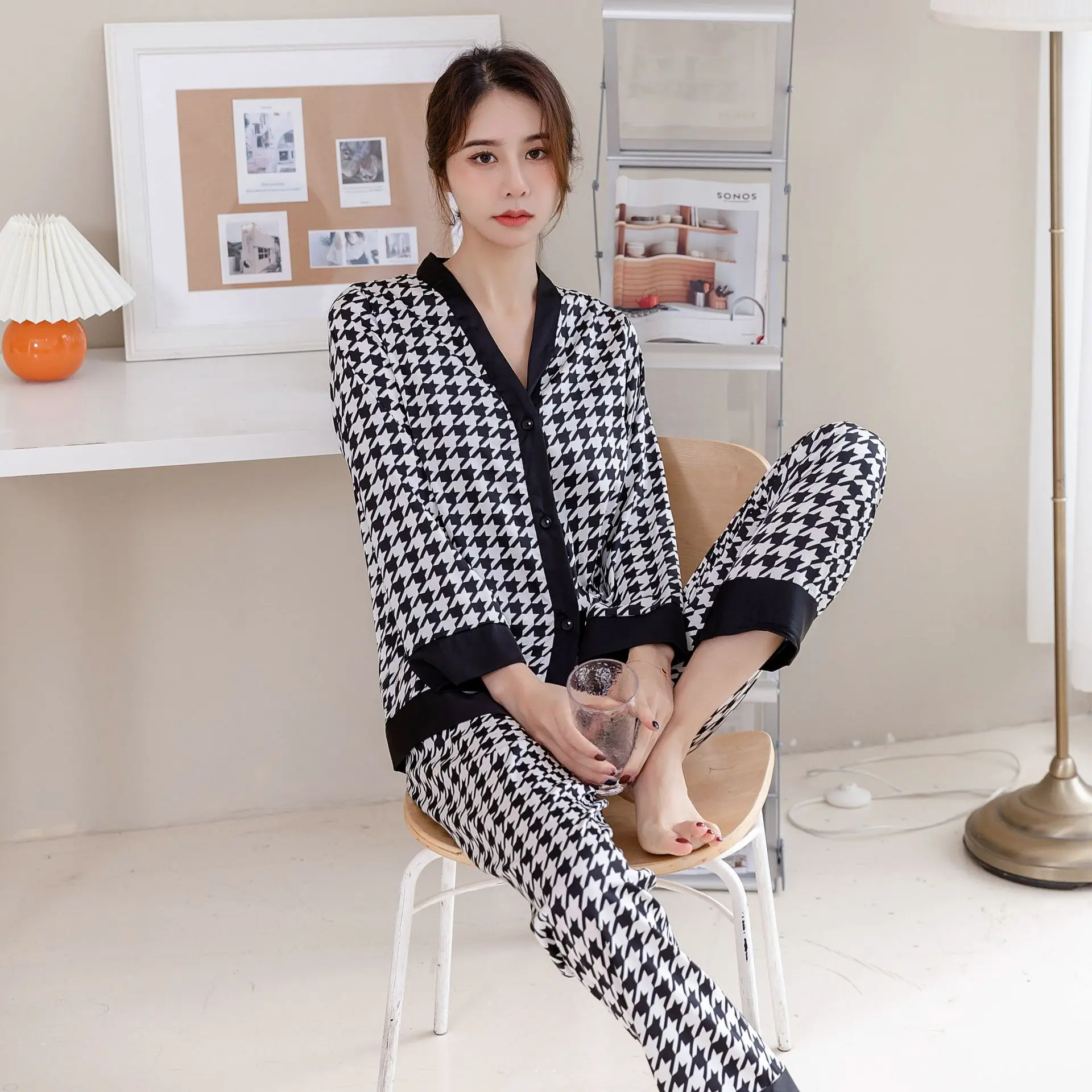 Cardigan Pajamas Women's Long-sleeved Small Fragrance Ice Silk Home Service Japanese Silk Can Be Worn Outside Suit
