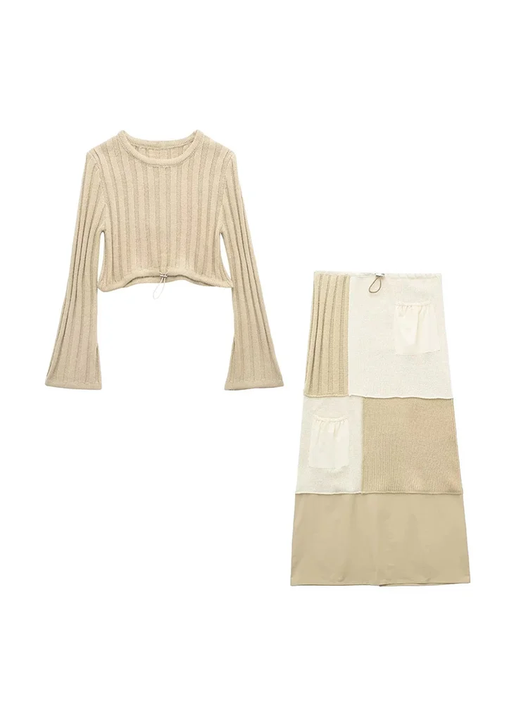 

Женский трикотажный костюм в стиле пэчворк, привлекательный мягкий Трикотажный костюм верблюжьей расцветки с юбкой и высокой талией, весна...