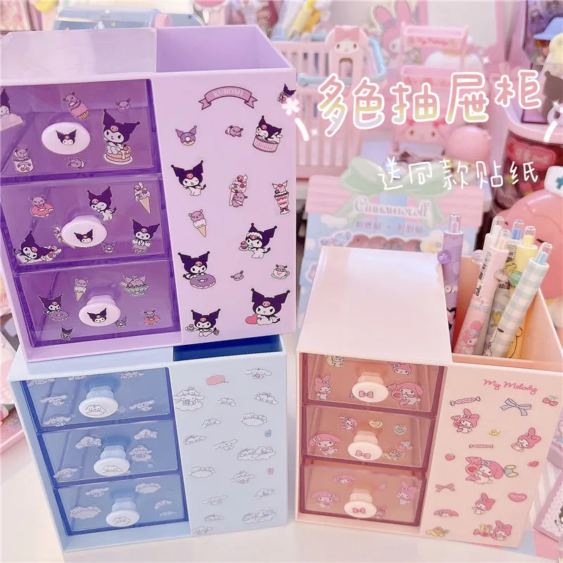 

Kawaii Cartoon Kuromi My Melody Cinnamoroll Translucent Drawer Stationery Cosmetics Dormitory Organizer Box Girly Heart Gift
