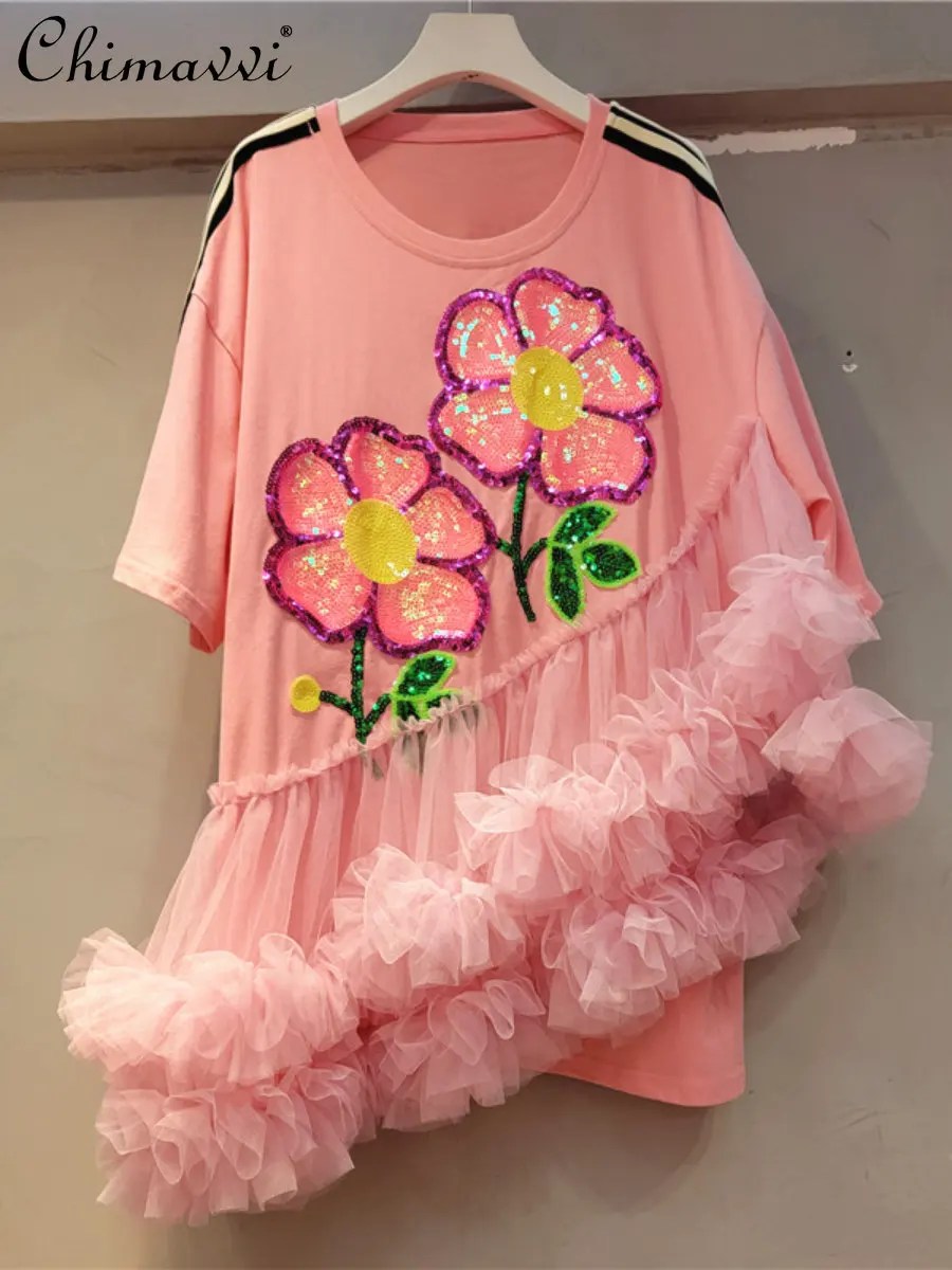 

Футболки с графическим принтом European Station, летняя новая модная дизайнерская футболка, Повседневная сетчатая одежда с коротким рукавом и пышными прострочками для женщин