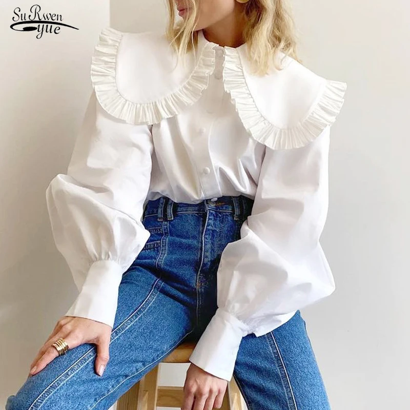 

Женская хлопковая блузка с длинным рукавом, Повседневная белая блузка с оборками и круглым воротником, весна-лето 2022