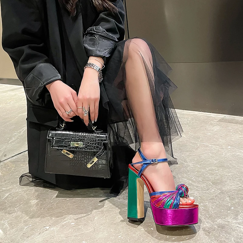 Women's Summer High Heel Sandals Platform Colorful Weave Stripe Heel Sexy Evening Dress Party Shoes Large