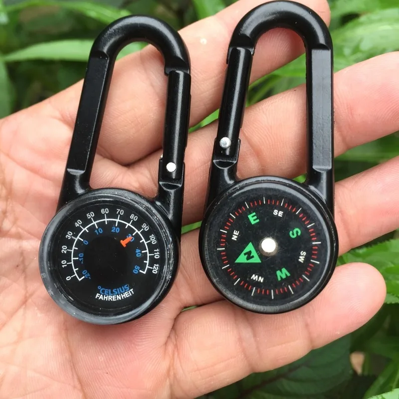 

Metal Outdoor Keychain Mini Compass Double-sided Mountaineering Key Buckle Snap Hook Thermometer Compass Carabiner Car Compass