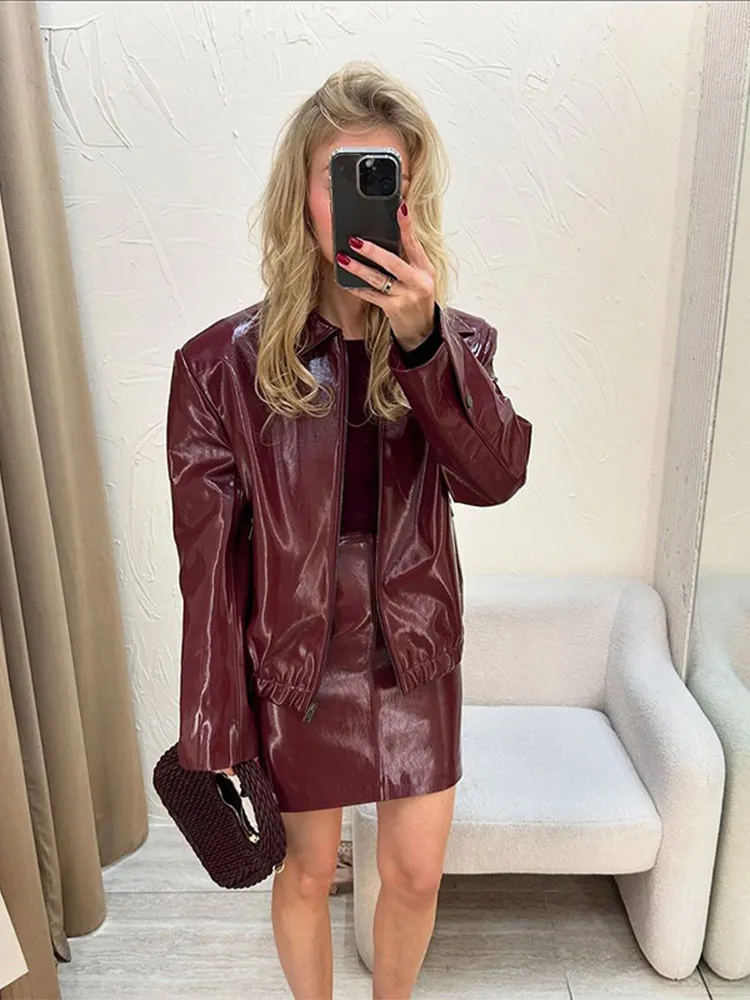 Vintage Solid Zipper Pu Leather Jacket Wine High Waist Mini Skirt 2 Piece Set New Female Autumn Streetwears