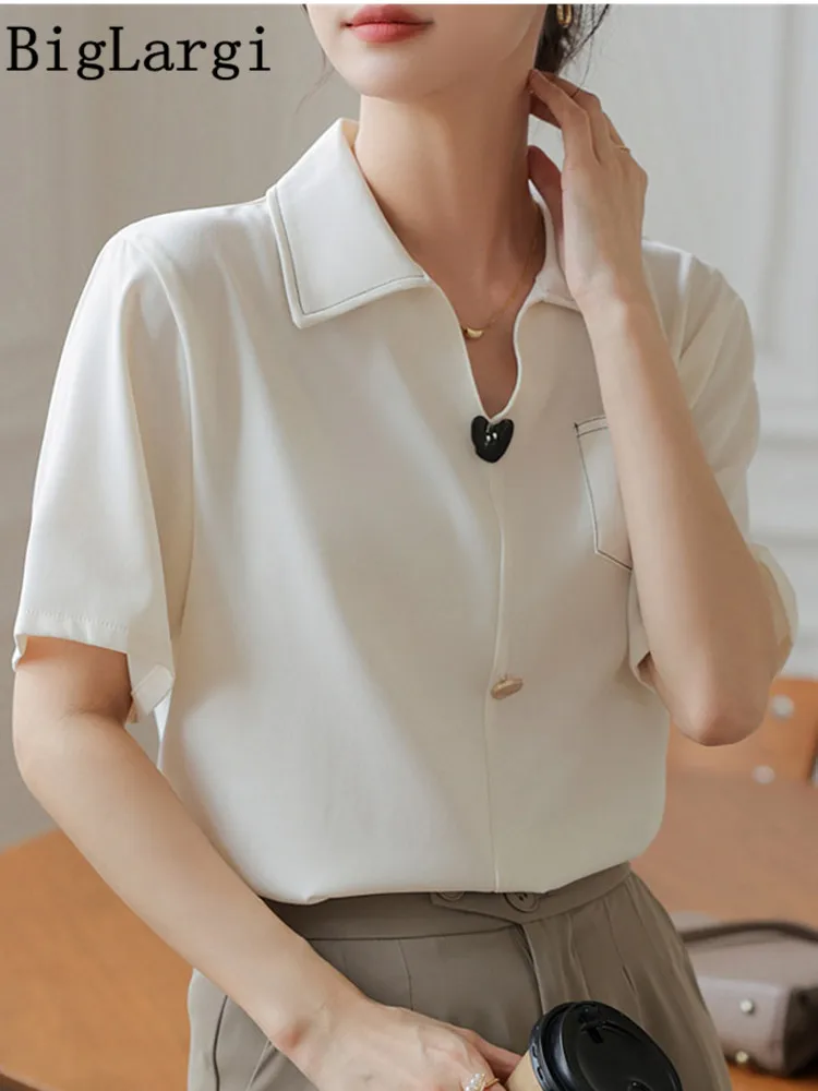 Summer V Neck Shirt Women Korean Casual Cotton Ladies Tops Short Sleeve Blouse 2023