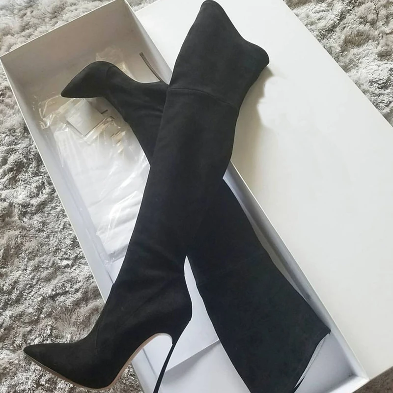 

Over The Knee Suede Slim Boots Stretch Fabric Metal Thin High Heel Sexy Pointed Slip On Winter Women Shoes Solid Sexy Boots