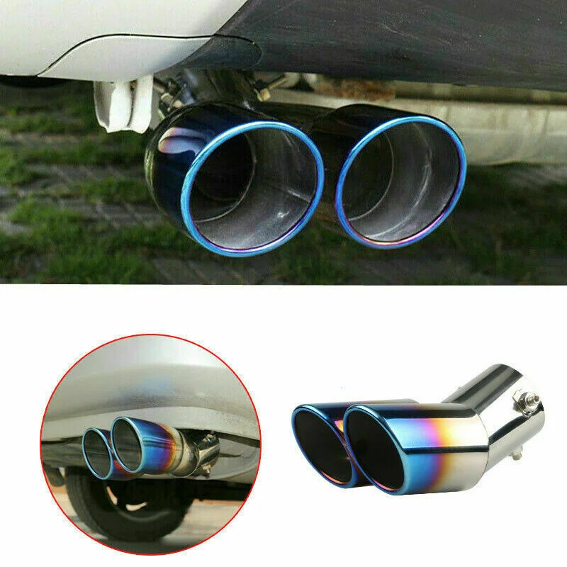 

Blue Dual Outlet Car Muffler Pipe Exhaust Tip Stainless Steel Slant Rolled Edge Exhaust Tail Throat Exhaust System Muffler Pipe
