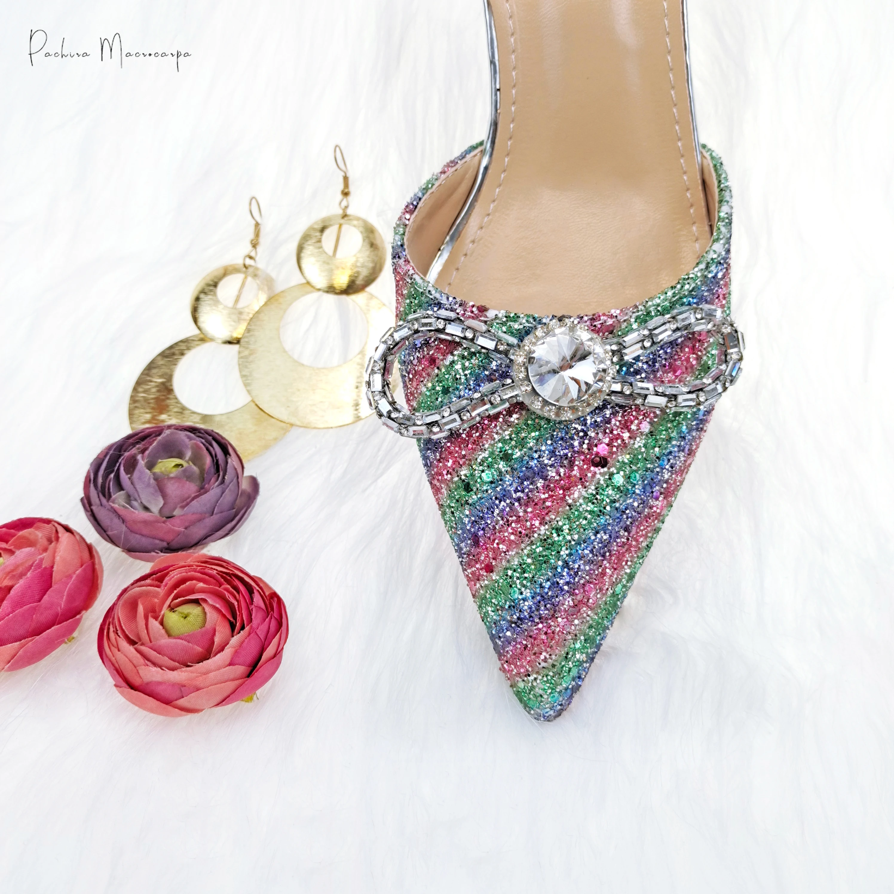 2022 Latest Colorful Glitter and Diamond Butterfly Design Accessories Women's Shoes and Bags Set Rainbow Color