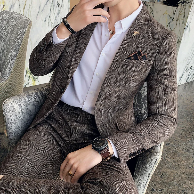 

Casual Luxury Dress Fit Business Pcs Check Office Homme Tuxedo Slim 2 Wedding Men Pant Set Social Formal Blazers Suit Suits Men