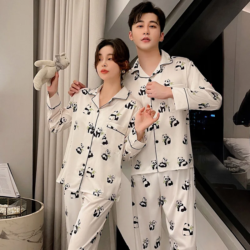 2022 Spring and Autumn New Couple Men and Women Pajamas Ice Silk Korean Version Cardigan Lapel Ice Silk Home Service Suit