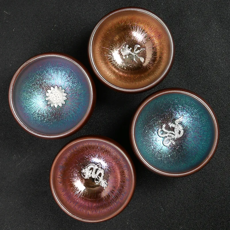 

Jianzhan Teacup Chinese Tea Set Ceramic Tea Cup Kung Fu Tea Set Inlaid Silver Teacup Kiln Changed Tianmu Master Cup Teaware