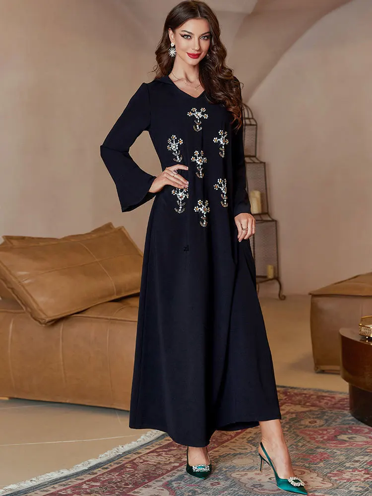 Djellaba Black Abaya Women Handsewn Embroidery Arabian Party Gown Muslim Long Dress Moroccan Hooded Kaftan Islam Clothes