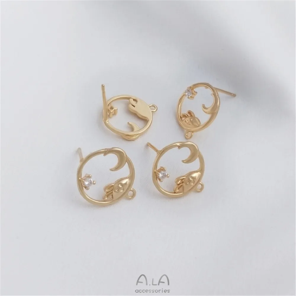 

14K gold clad and zircon inlaid Guanghan palace moon rabbit ring with Earrings 925 silver needle Earrings DIY Earrings