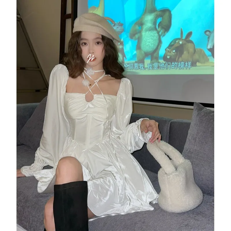 

New Spring 2022 Fashion Little White Dress Long Sleeve Sexy Square Collar Mini Dress Holiday High Waist Slim Fairy A Line Dress