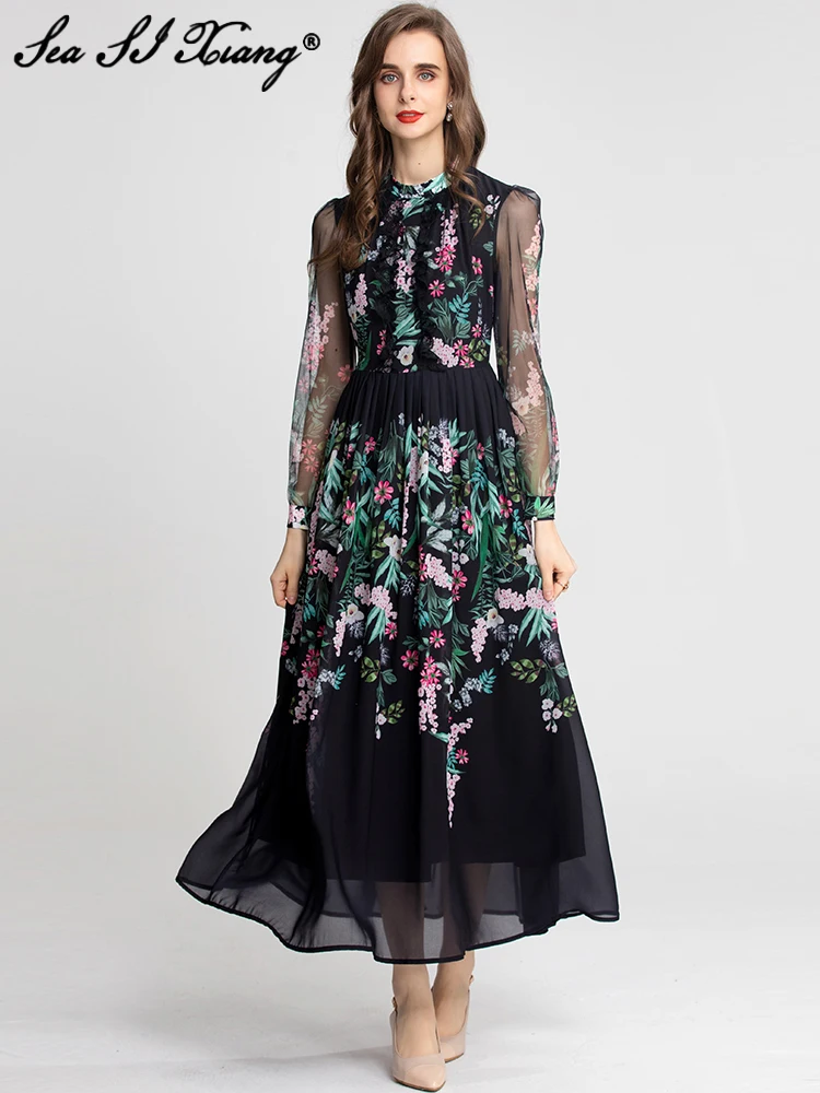 

Seasixiang Fashion Designer Summer Dress Women Stand Collar Mesh Lantern Sleeve Ruffles Flowers Print Vintage Long Party Dresses