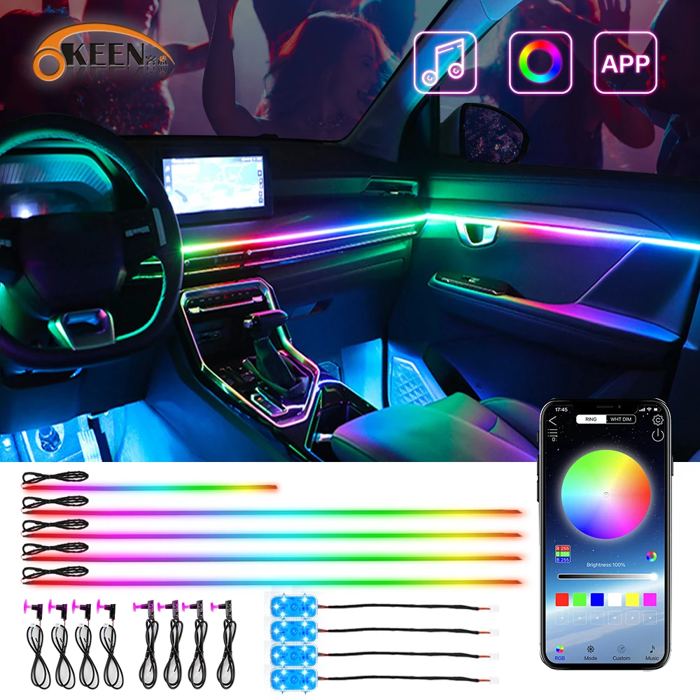 

OKEEN 18in 1 LED RGB Car Interior Decorative Lamp App Control Universal Acrylic Guide Fiber Optic Atmosphere Ambient Light Strip