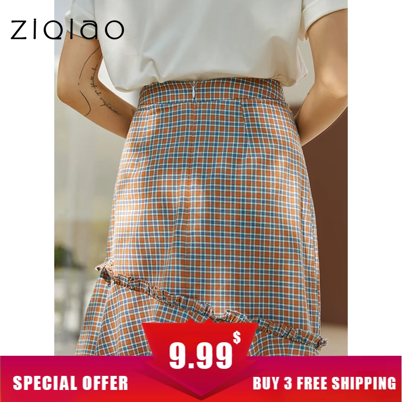 

ZIQIAO 2022 Autumn New Women Jupe Japanese Temperament Commuter Falda High Waist Metal Button Belt Slim Plaid Mini Skirt