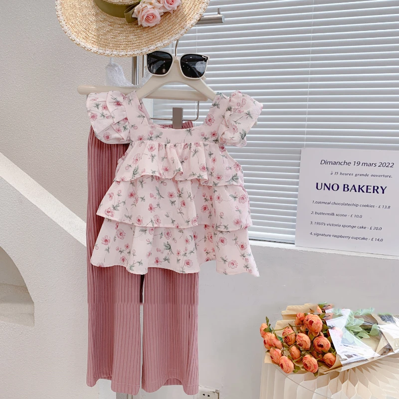

Girls Clothing Set 2022 Summer Floral Top & Wide Leg Pants Kids Clothes 2pcs Children Clothing Sets Kids Clothes Girls 3-7Y